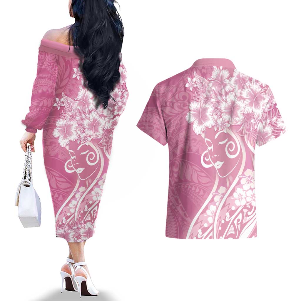 Polynesian Women's Day Couples Matching Off The Shoulder Long Sleeve Dress and Hawaiian Shirt Pink Hibiscus Flowers With Polynesian Pattern