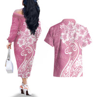 Polynesian Women's Day Couples Matching Off The Shoulder Long Sleeve Dress and Hawaiian Shirt Pink Hibiscus Flowers With Polynesian Pattern
