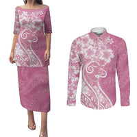 Polynesian Women's Day Couples Matching Puletasi and Long Sleeve Button Shirt Pink Hibiscus Flowers With Polynesian Pattern LT05 Pink - Polynesian Pride