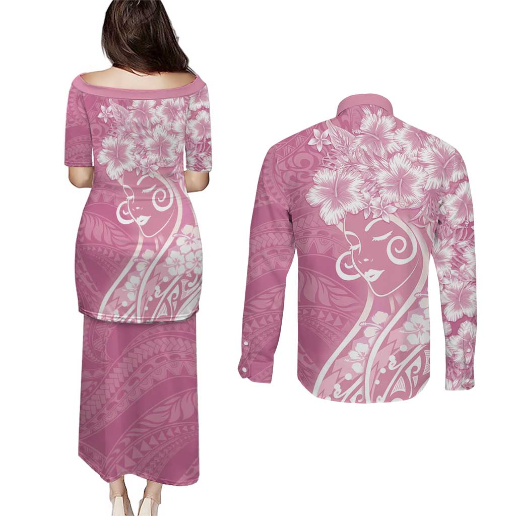 Polynesian Women's Day Couples Matching Puletasi and Long Sleeve Button Shirt Pink Hibiscus Flowers With Polynesian Pattern LT05 - Polynesian Pride