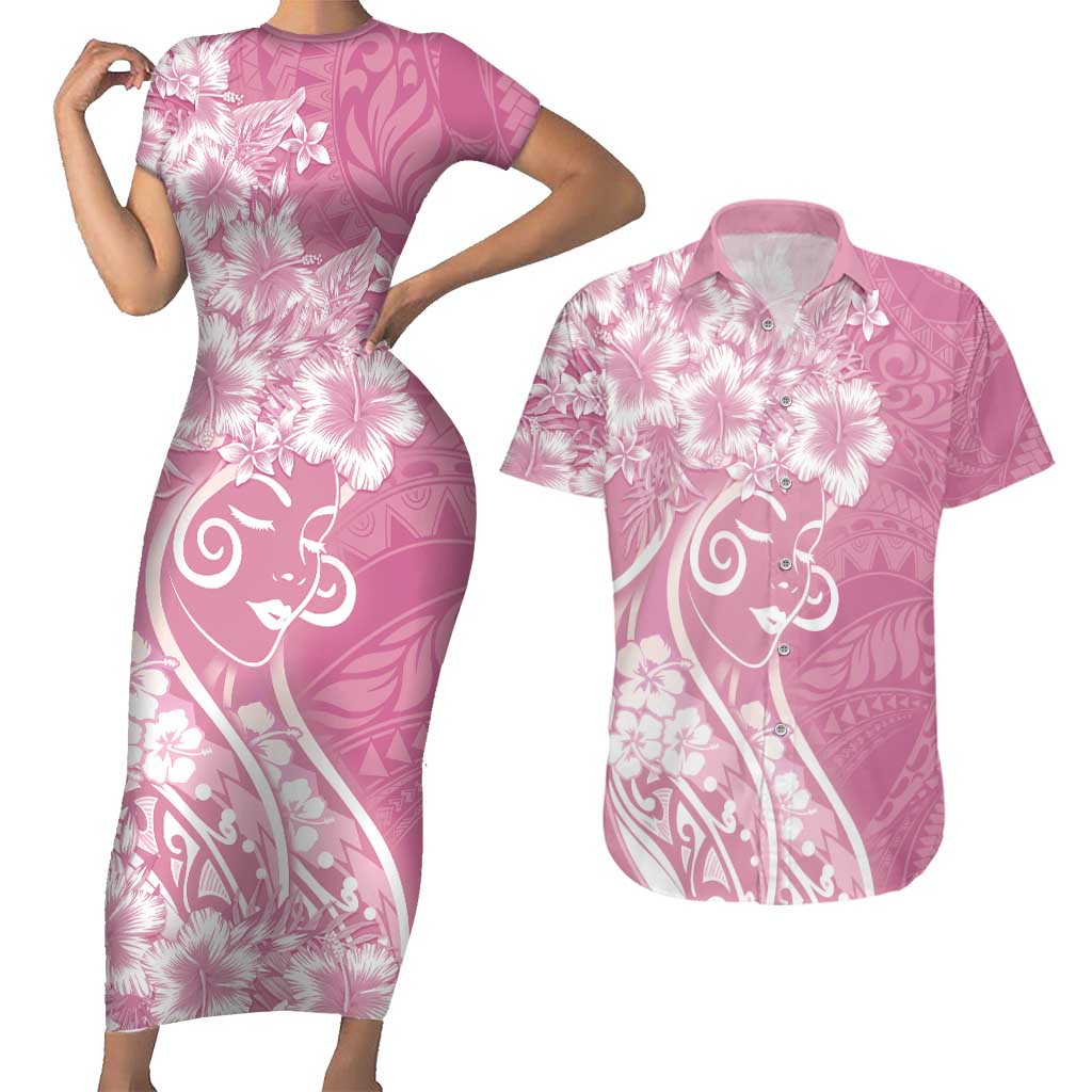 Polynesian Women's Day Couples Matching Short Sleeve Bodycon Dress and Hawaiian Shirt Pink Hibiscus Flowers With Polynesian Pattern LT05 Pink - Polynesian Pride