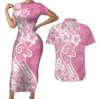 Polynesian Women's Day Couples Matching Short Sleeve Bodycon Dress and Hawaiian Shirt Pink Hibiscus Flowers With Polynesian Pattern LT05 Pink - Polynesian Pride