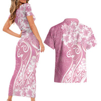 Polynesian Women's Day Couples Matching Short Sleeve Bodycon Dress and Hawaiian Shirt Pink Hibiscus Flowers With Polynesian Pattern LT05 - Polynesian Pride
