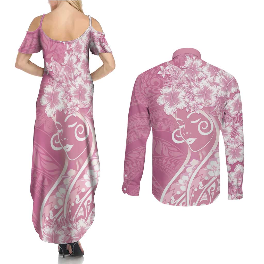 Polynesian Women's Day Couples Matching Summer Maxi Dress and Long Sleeve Button Shirt Pink Hibiscus Flowers With Polynesian Pattern LT05 - Polynesian Pride