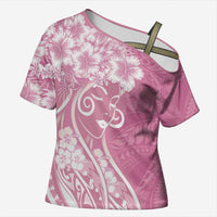 Polynesian Women's Day Cross Shoulder Shirt Pink Hibiscus Flowers With Polynesian Pattern LT05 Female Pink - Polynesian Pride