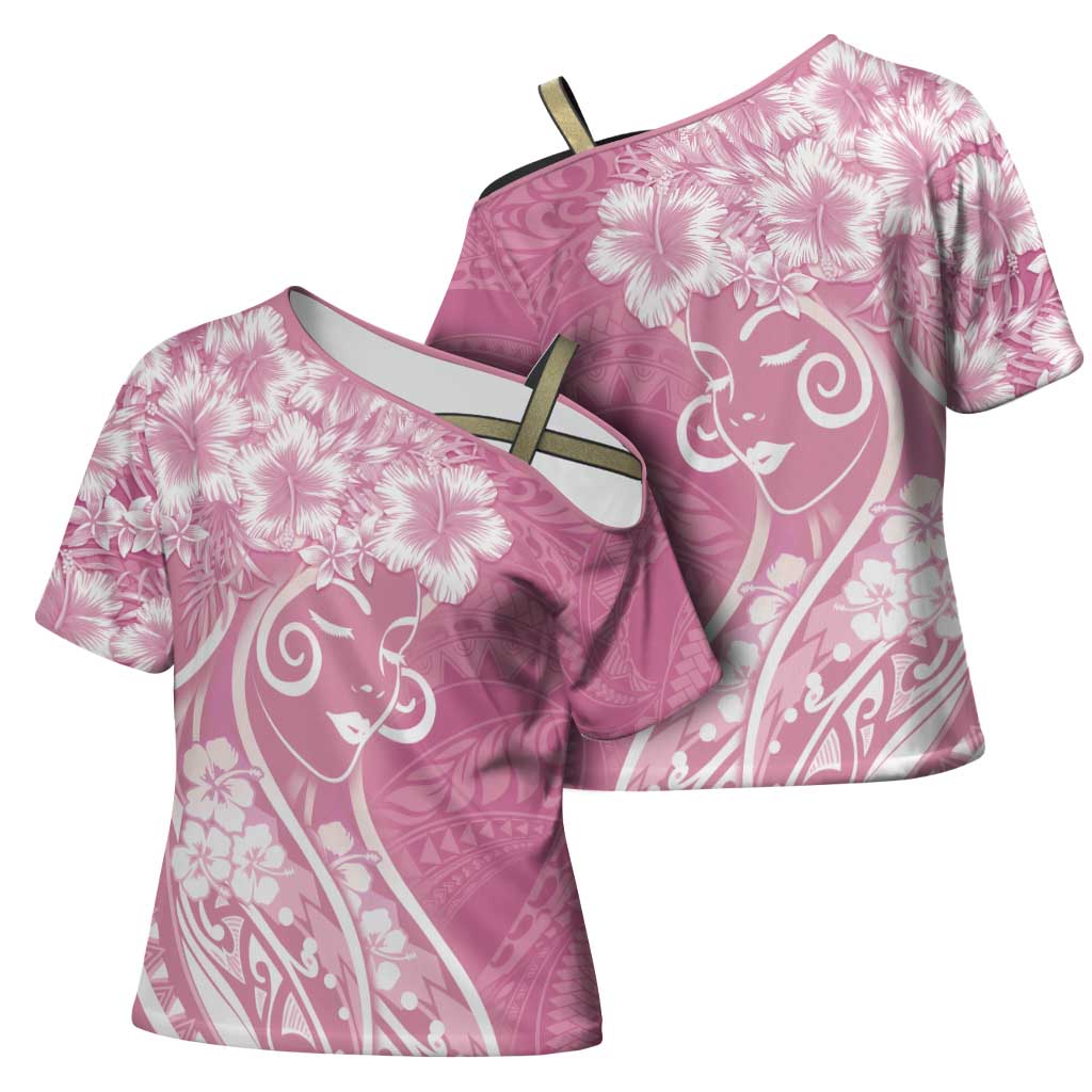 Polynesian Women's Day Cross Shoulder Shirt Pink Hibiscus Flowers With Polynesian Pattern LT05 - Polynesian Pride