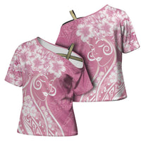 Polynesian Women's Day Cross Shoulder Shirt Pink Hibiscus Flowers With Polynesian Pattern LT05 - Polynesian Pride
