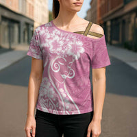 Polynesian Women's Day Cross Shoulder Shirt Pink Hibiscus Flowers With Polynesian Pattern LT05 - Polynesian Pride