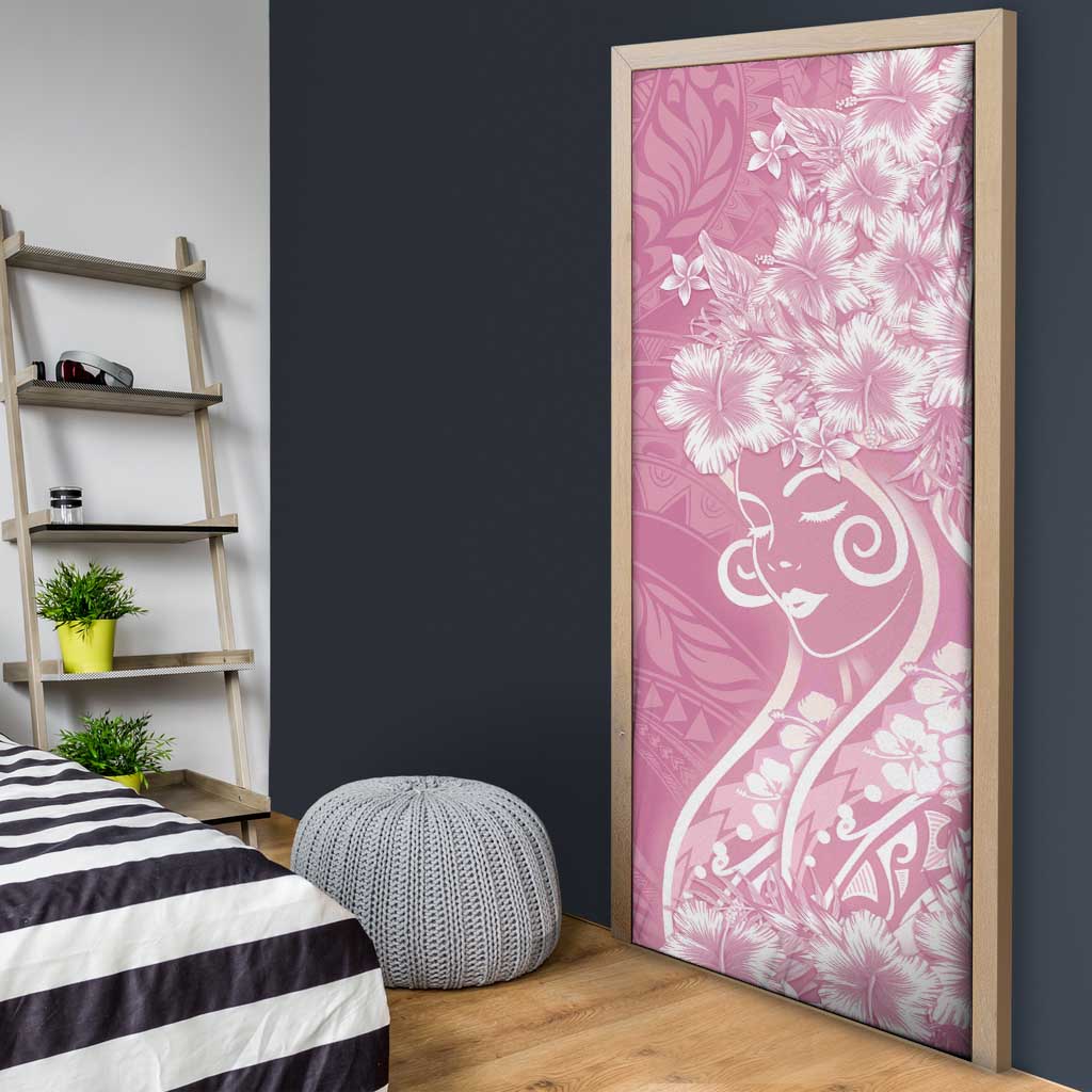 Polynesian Women's Day Door Cover Pink Hibiscus Flowers With Polynesian Pattern