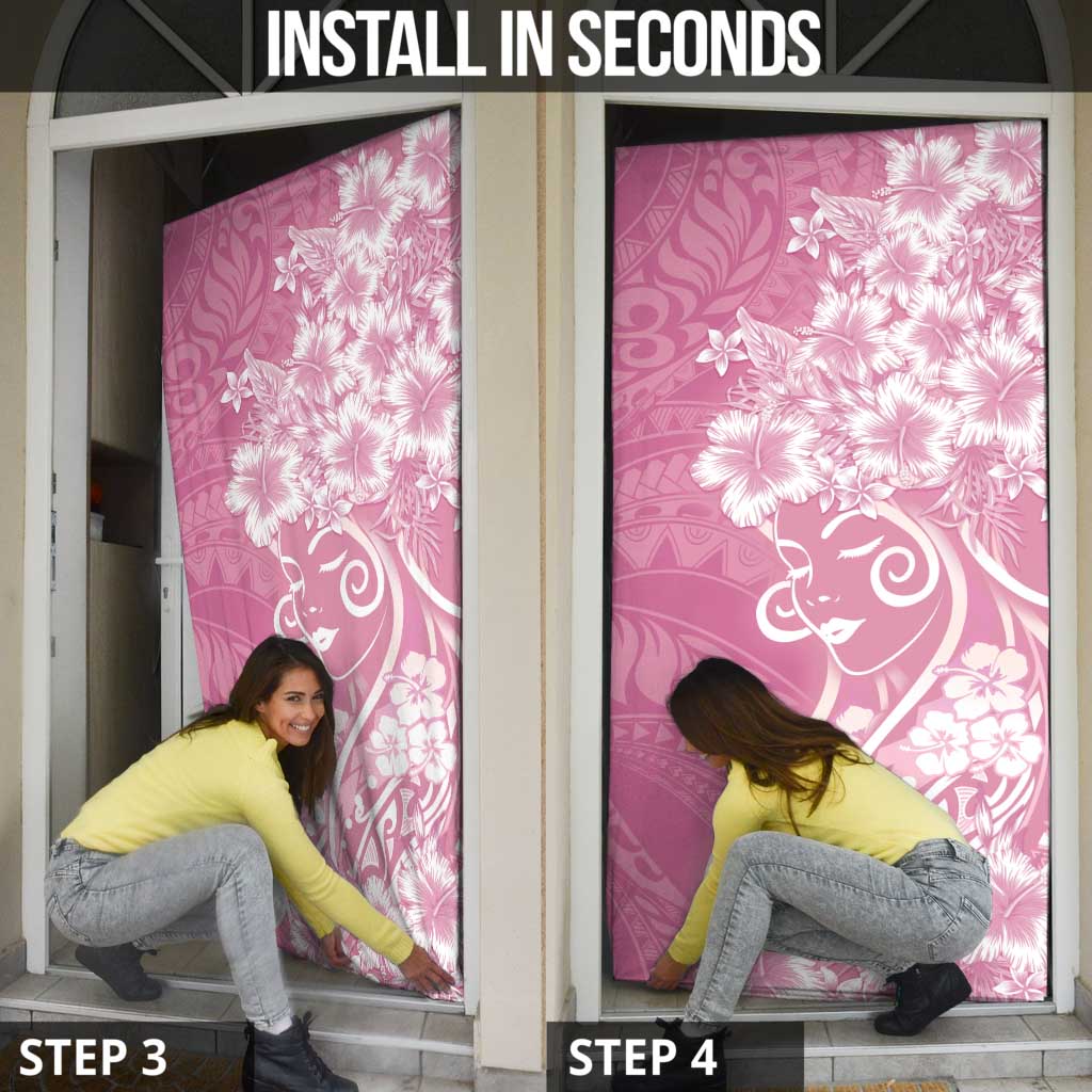 Polynesian Women's Day Door Cover Pink Hibiscus Flowers With Polynesian Pattern