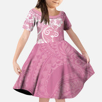 Polynesian Women's Day Family Matching Long Sleeve Bodycon Dress and Hawaiian Shirt Pink Hibiscus Flowers With Polynesian Pattern