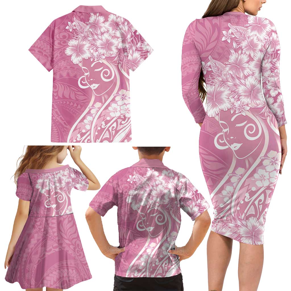 Polynesian Women's Day Family Matching Long Sleeve Bodycon Dress and Hawaiian Shirt Pink Hibiscus Flowers With Polynesian Pattern