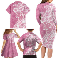 Polynesian Women's Day Family Matching Long Sleeve Bodycon Dress and Hawaiian Shirt Pink Hibiscus Flowers With Polynesian Pattern