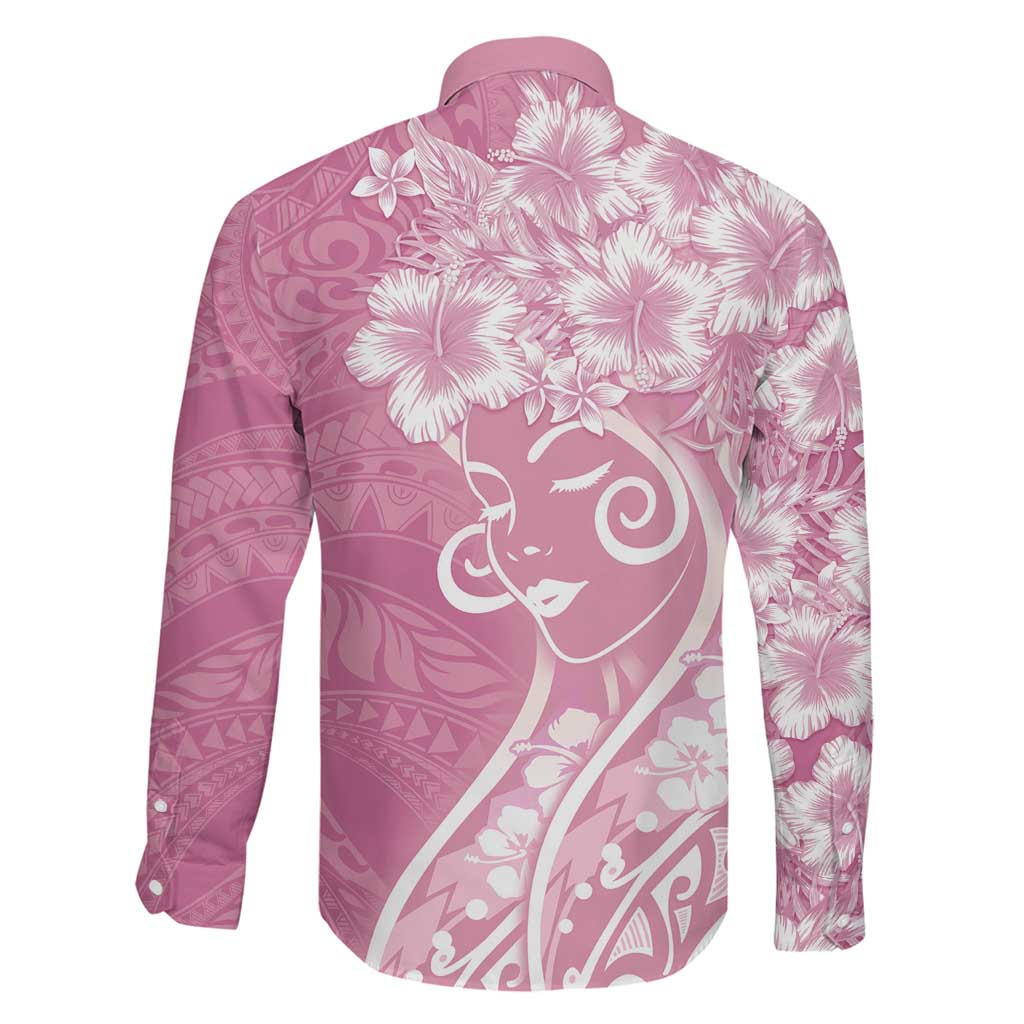 Polynesian Women's Day Family Matching Long Sleeve Bodycon Dress and Hawaiian Shirt Pink Hibiscus Flowers With Polynesian Pattern