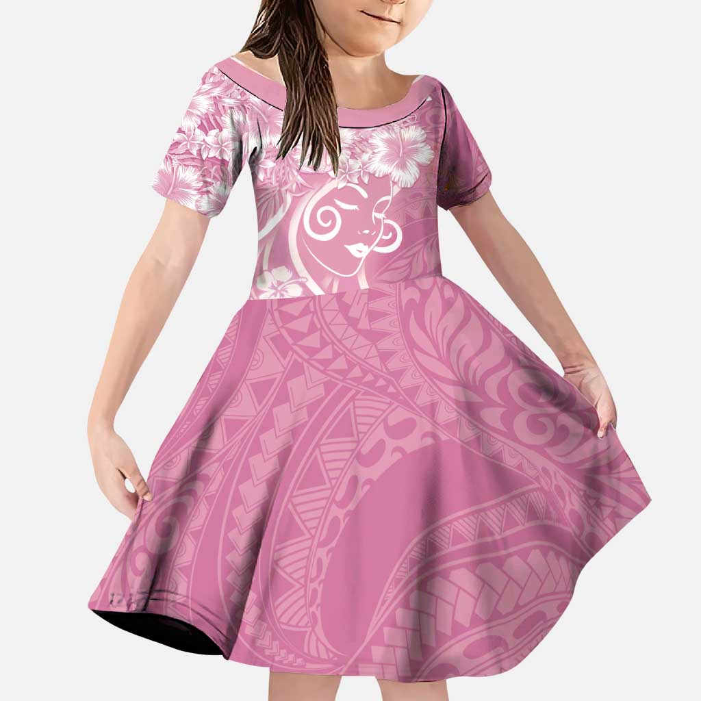 Polynesian Women's Day Family Matching Off The Shoulder Long Sleeve Dress and Hawaiian Shirt Pink Hibiscus Flowers With Polynesian Pattern