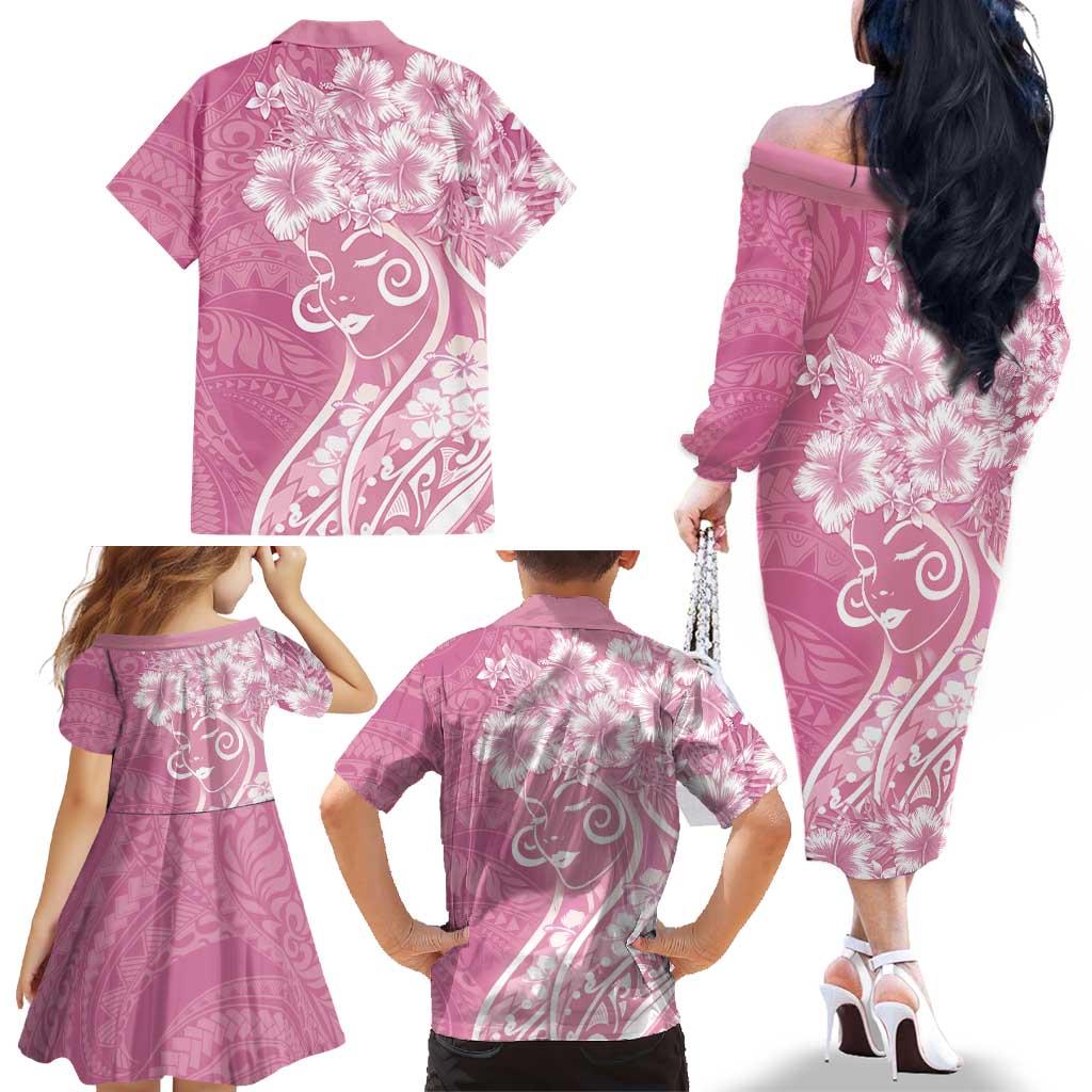 Polynesian Women's Day Family Matching Off The Shoulder Long Sleeve Dress and Hawaiian Shirt Pink Hibiscus Flowers With Polynesian Pattern