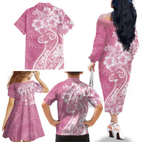 Polynesian Women's Day Family Matching Off The Shoulder Long Sleeve Dress and Hawaiian Shirt Pink Hibiscus Flowers With Polynesian Pattern