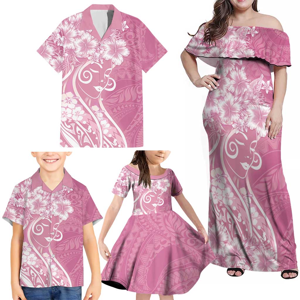 Polynesian Women's Day Family Matching Off Shoulder Maxi Dress and Hawaiian Shirt Pink Hibiscus Flowers With Polynesian Pattern