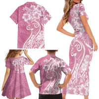 Polynesian Women's Day Family Matching Short Sleeve Bodycon Dress and Hawaiian Shirt Pink Hibiscus Flowers With Polynesian Pattern