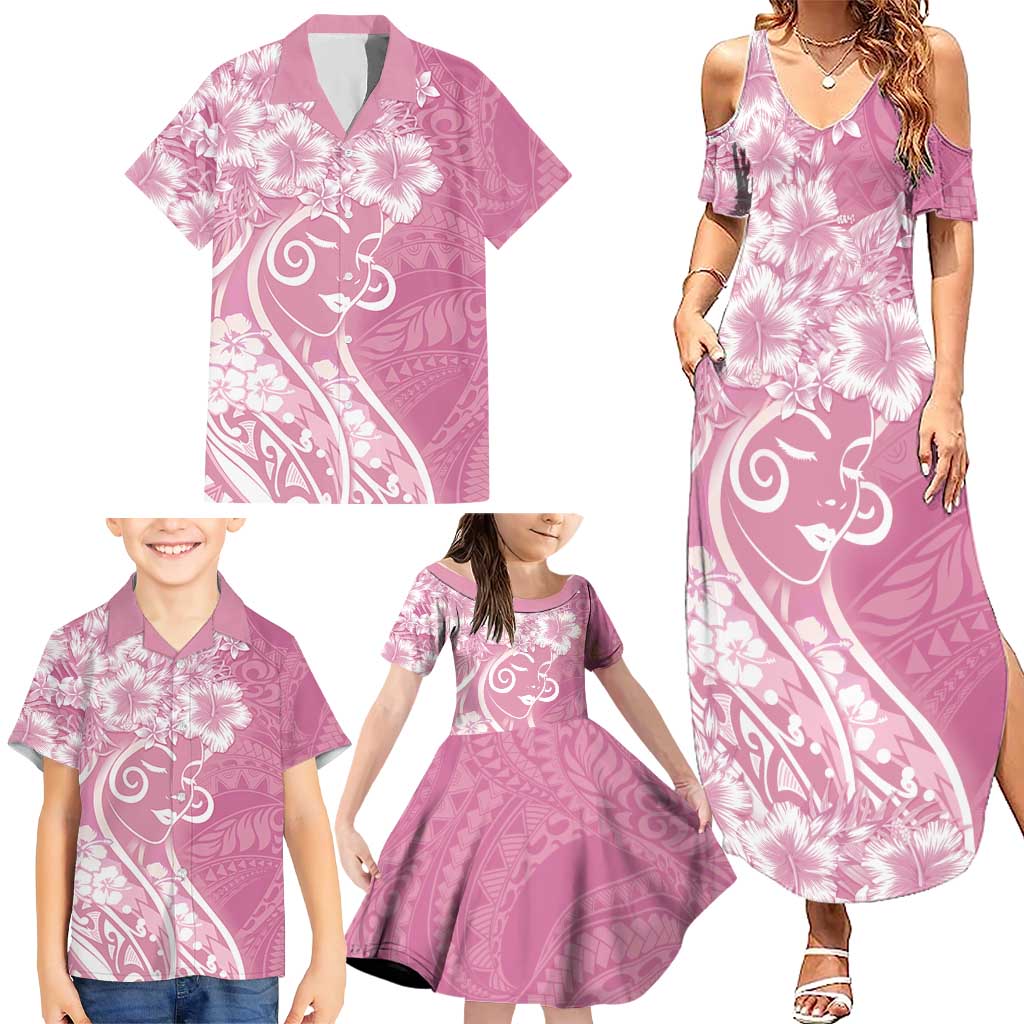 Polynesian Women's Day Family Matching Summer Maxi Dress and Hawaiian Shirt Pink Hibiscus Flowers With Polynesian Pattern