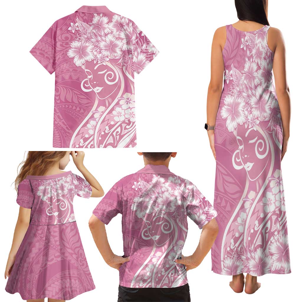 Polynesian Women's Day Family Matching Tank Maxi Dress and Hawaiian Shirt Pink Hibiscus Flowers With Polynesian Pattern