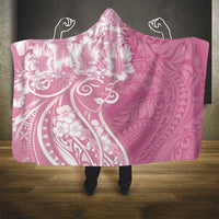 Polynesian Women's Day Hooded Blanket Pink Hibiscus Flowers With Polynesian Pattern