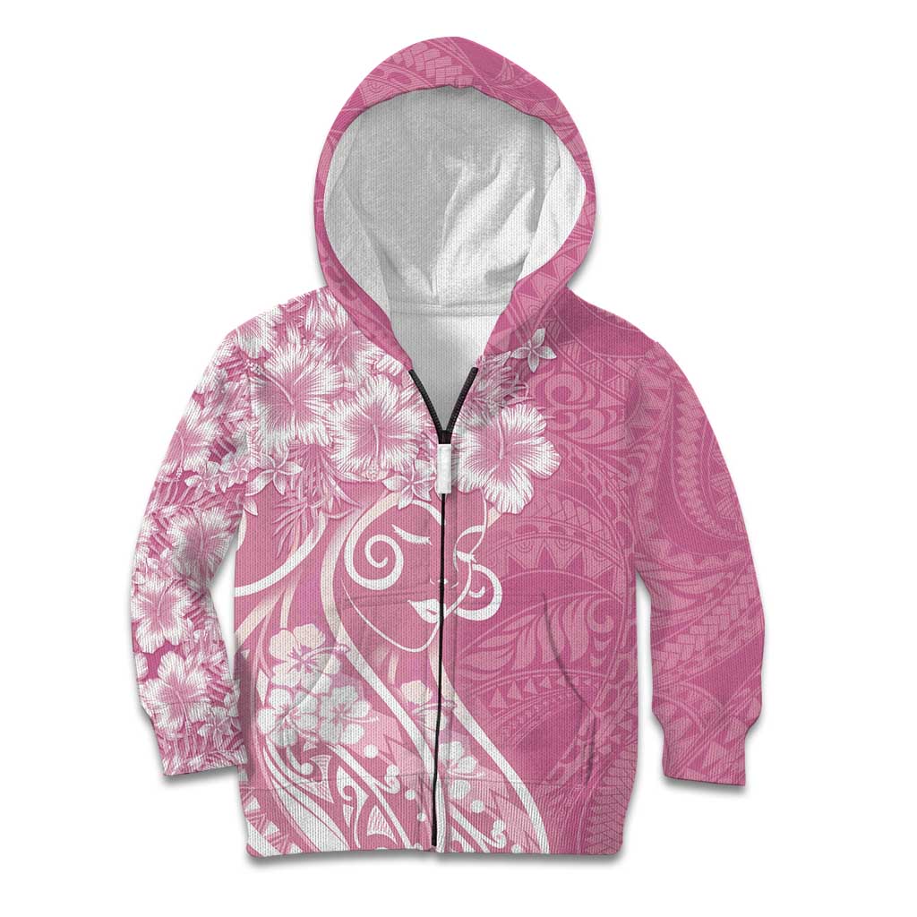 Polynesian Women's Day Kid Hoodie Pink Hibiscus Flowers With Polynesian Pattern LT05 Zip Hoodie Pink - Polynesian Pride