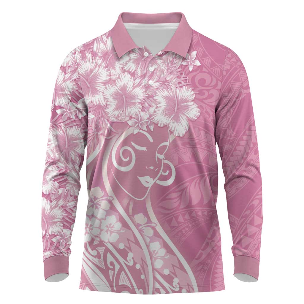 Polynesian Women's Day Long Sleeve Polo Shirt Pink Hibiscus Flowers With Polynesian Pattern