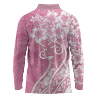 Polynesian Women's Day Long Sleeve Polo Shirt Pink Hibiscus Flowers With Polynesian Pattern