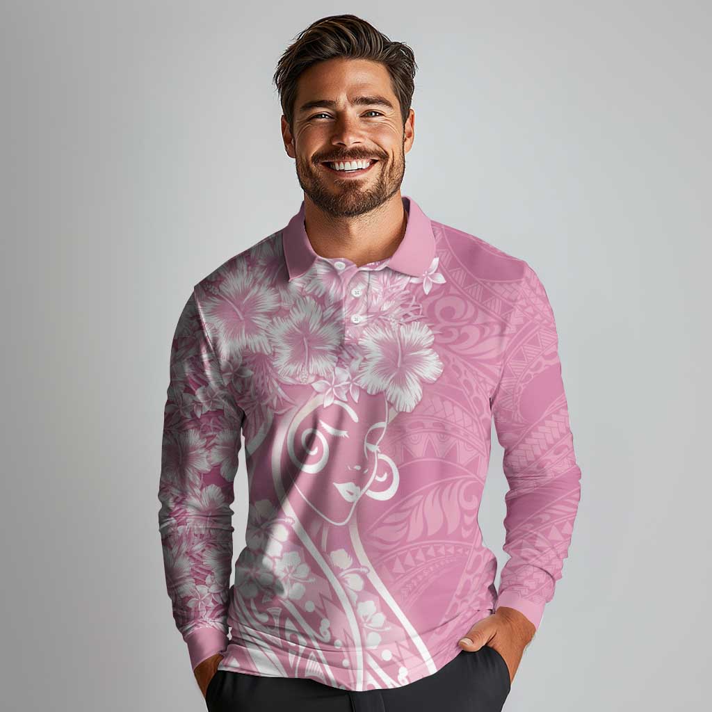 Polynesian Women's Day Long Sleeve Polo Shirt Pink Hibiscus Flowers With Polynesian Pattern