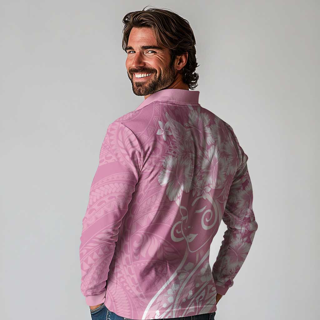 Polynesian Women's Day Long Sleeve Polo Shirt Pink Hibiscus Flowers With Polynesian Pattern