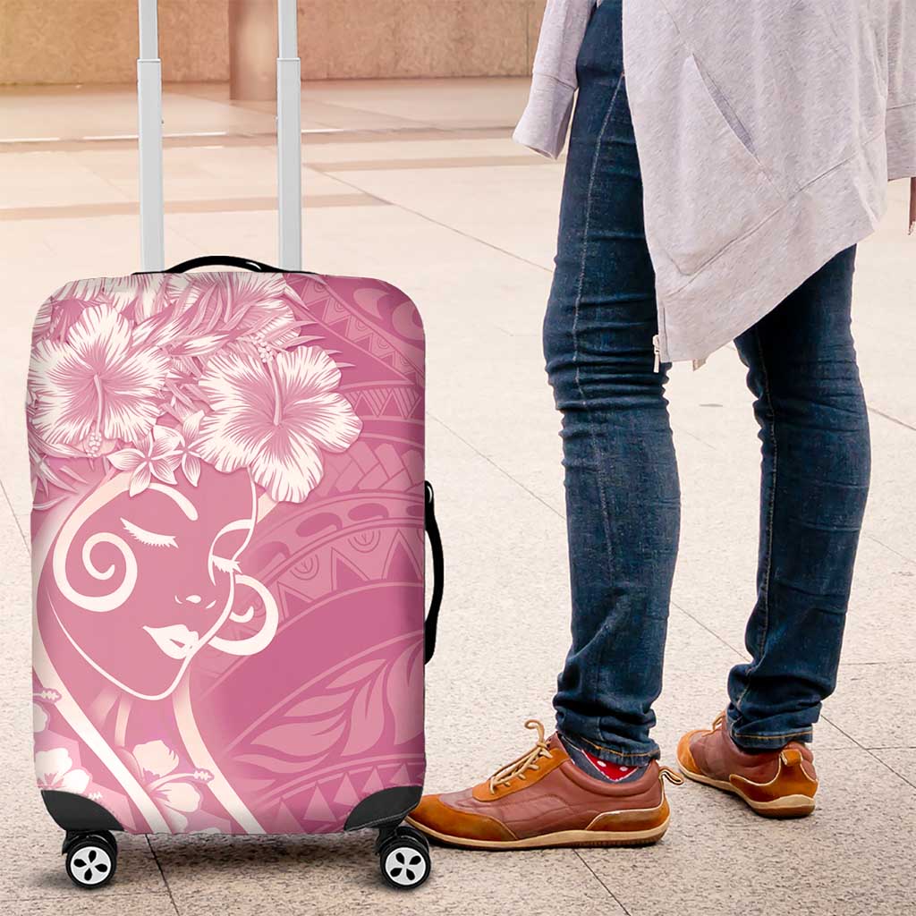 Polynesian Women's Day Luggage Cover Pink Hibiscus Flowers With Polynesian Pattern