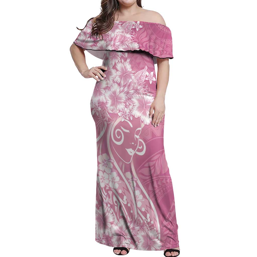 Polynesian Women's Day Off Shoulder Maxi Dress Pink Hibiscus Flowers With Polynesian Pattern LT05 Women Pink - Polynesian Pride