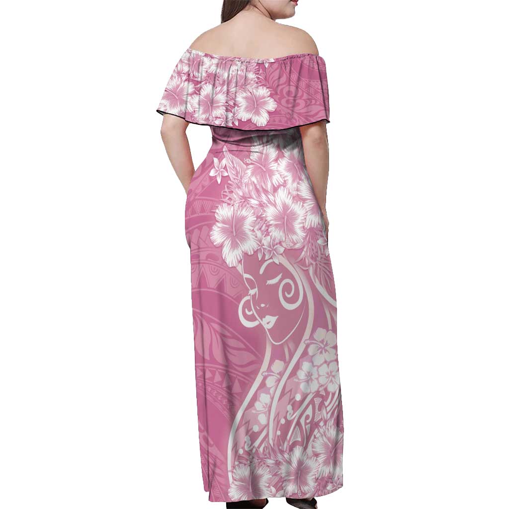 Polynesian Women's Day Off Shoulder Maxi Dress Pink Hibiscus Flowers With Polynesian Pattern LT05 - Polynesian Pride