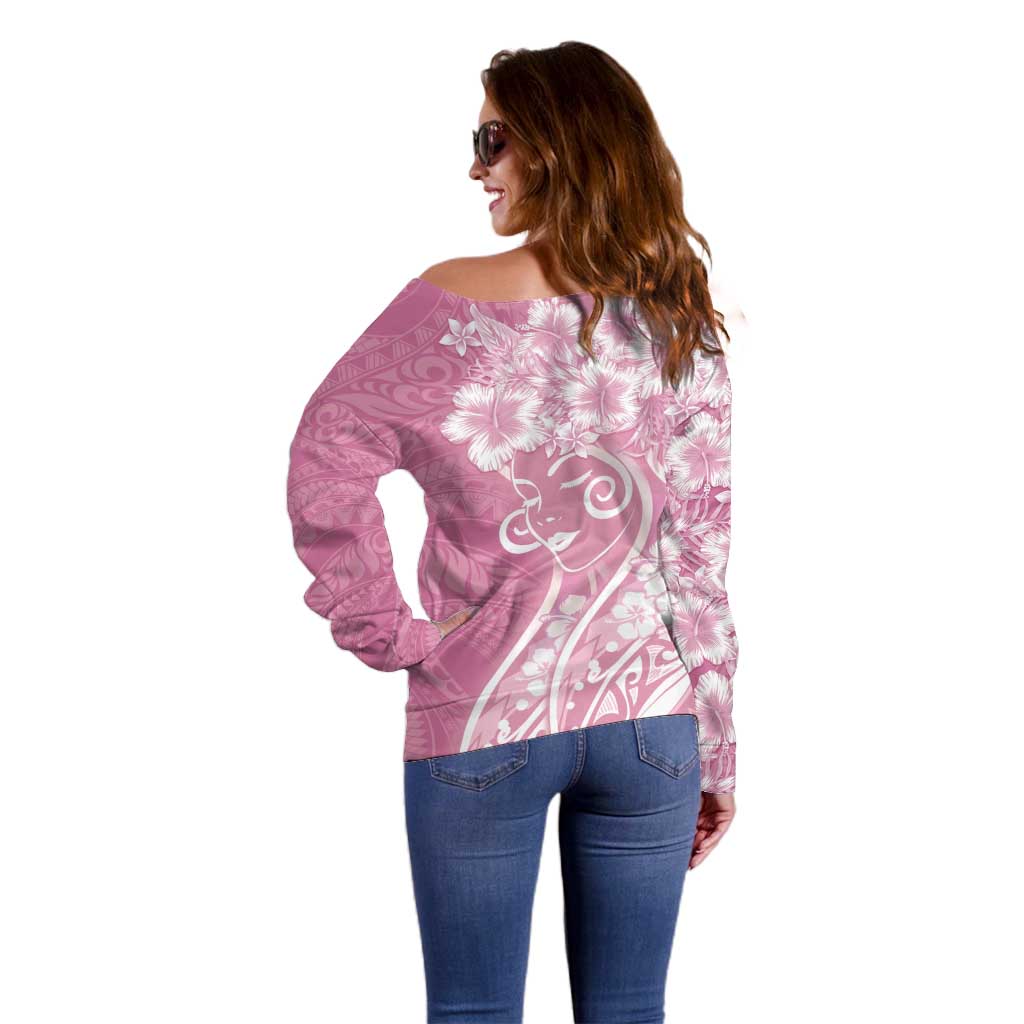 Polynesian Women's Day Off Shoulder Sweater Pink Hibiscus Flowers With Polynesian Pattern LT05 - Polynesian Pride