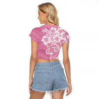 Polynesian Women's Day Raglan Cropped T Shirt Pink Hibiscus Flowers With Polynesian Pattern LT05 - Polynesian Pride
