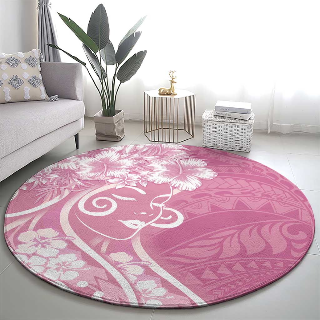 Polynesian Women's Day Round Carpet Pink Hibiscus Flowers With Polynesian Pattern