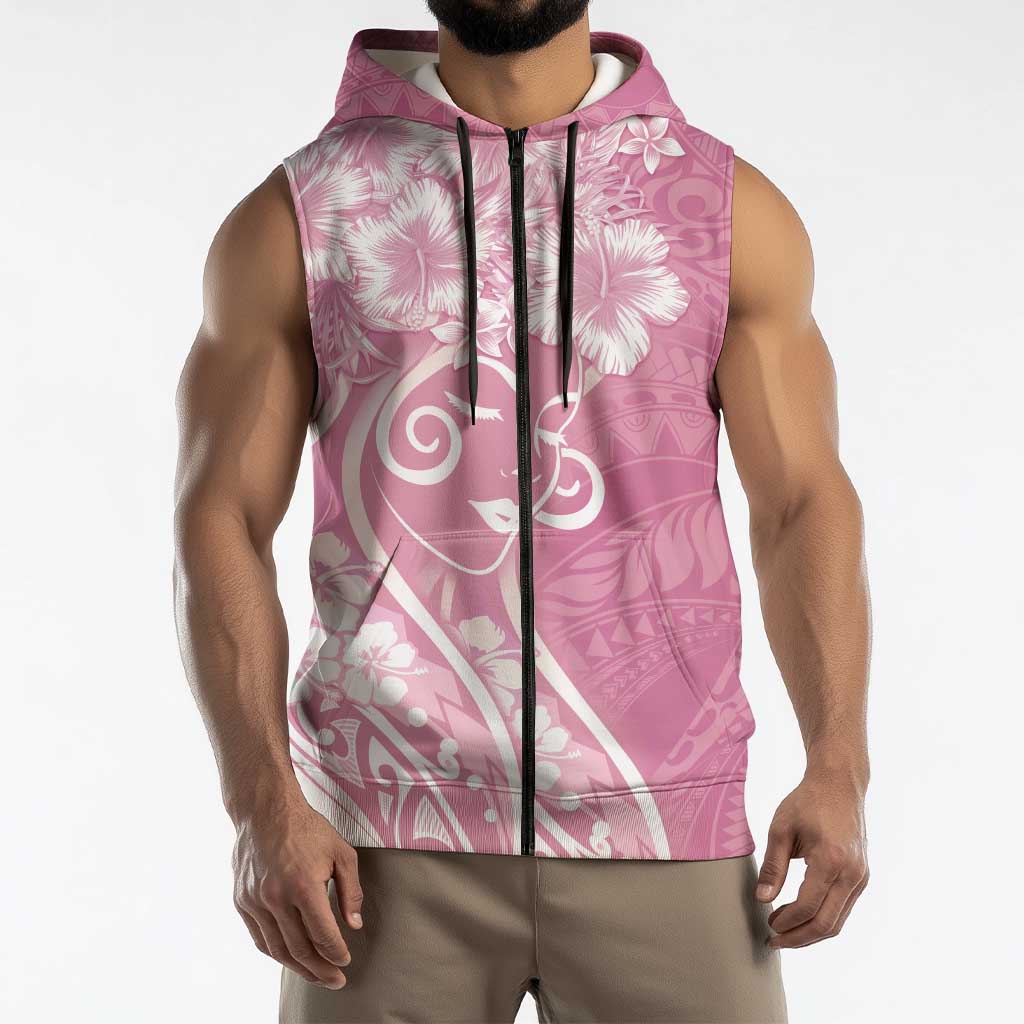 Polynesian Women's Day Sleeveless Zip Hoodie Pink Hibiscus Flowers With Polynesian Pattern LT05 - Polynesian Pride