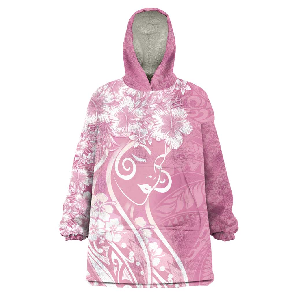 Polynesian Women's Day Wearable Blanket Hoodie Pink Hibiscus Flowers With Polynesian Pattern