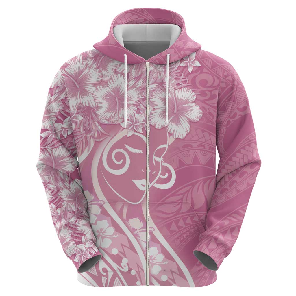 Polynesian Women's Day Zip Hoodie Pink Hibiscus Flowers With Polynesian Pattern LT05 - Polynesian Pride
