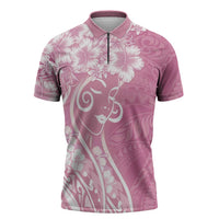 Polynesian Women's Day Zipper Polo Shirt Pink Hibiscus Flowers With Polynesian Pattern LT05 Pink - Polynesian Pride
