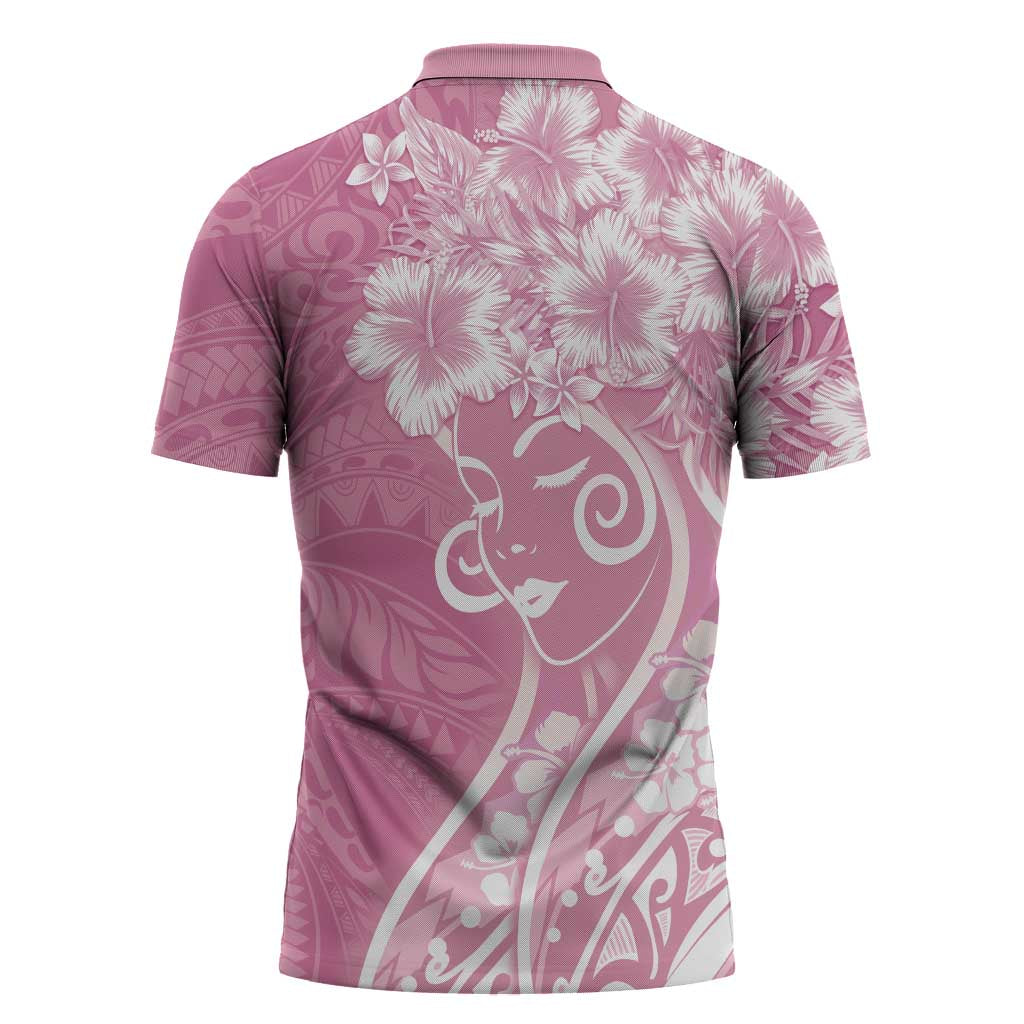 Polynesian Women's Day Zipper Polo Shirt Pink Hibiscus Flowers With Polynesian Pattern LT05 - Polynesian Pride