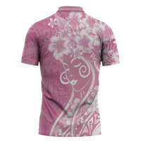 Polynesian Women's Day Zipper Polo Shirt Pink Hibiscus Flowers With Polynesian Pattern LT05 - Polynesian Pride