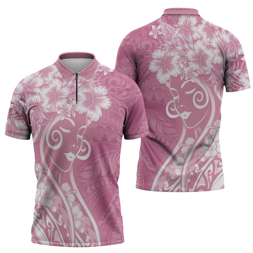 Polynesian Women's Day Zipper Polo Shirt Pink Hibiscus Flowers With Polynesian Pattern LT05 - Polynesian Pride