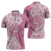 Polynesian Women's Day Zipper Polo Shirt Pink Hibiscus Flowers With Polynesian Pattern LT05 - Polynesian Pride