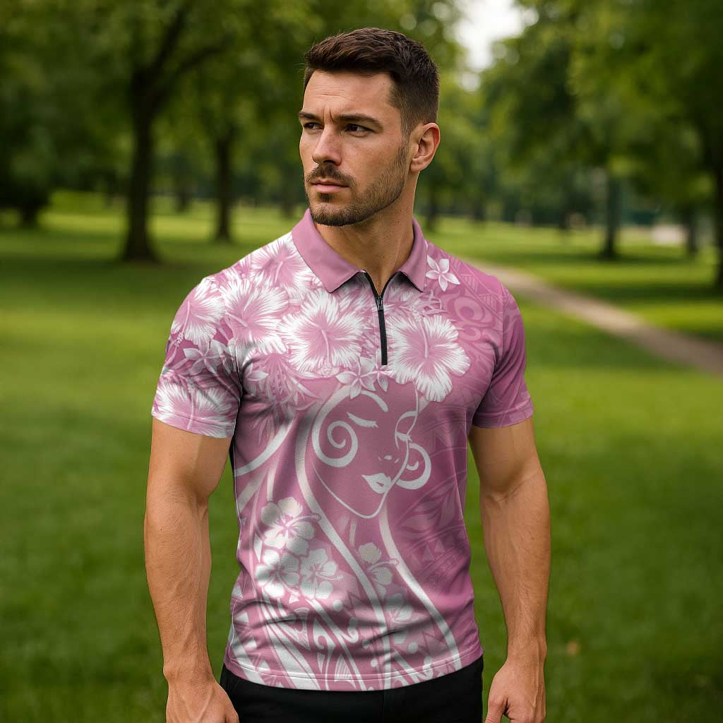Polynesian Women's Day Zipper Polo Shirt Pink Hibiscus Flowers With Polynesian Pattern LT05 - Polynesian Pride