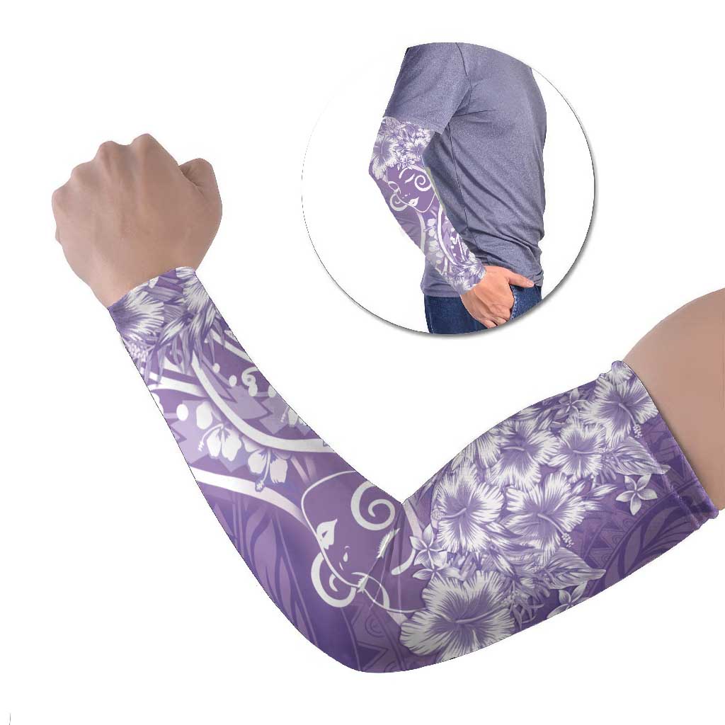 Polynesian Women's Day Arm Sleeves Purple Hibiscus Flowers With Polynesian Pattern