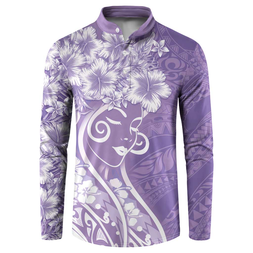 Polynesian Women's Day Button Sweatshirt Purple Hibiscus Flowers With Polynesian Pattern