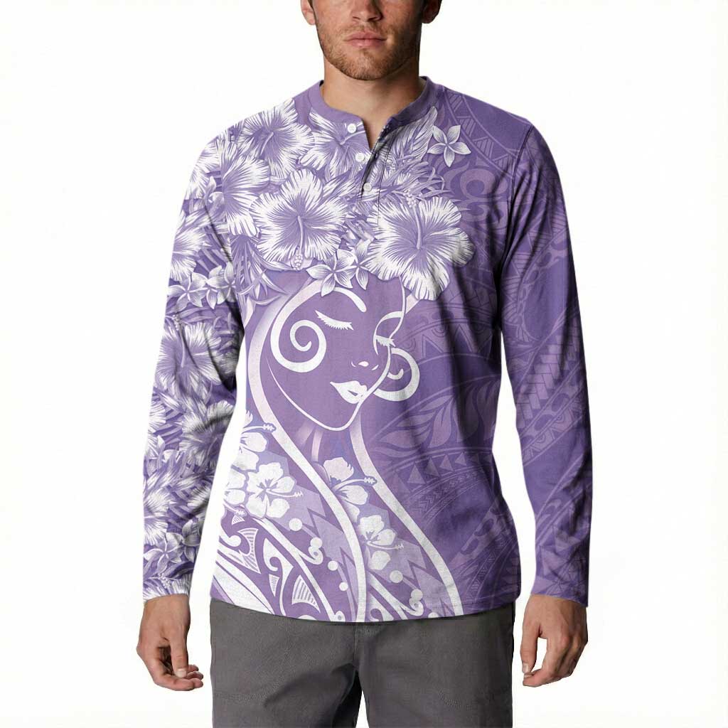 Polynesian Women's Day Button Sweatshirt Purple Hibiscus Flowers With Polynesian Pattern