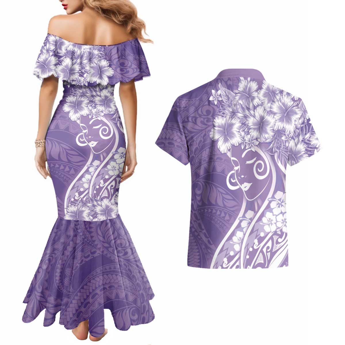 Polynesian Women's Day Couples Matching Mermaid Dress and Hawaiian Shirt Purple Hibiscus Flowers With Polynesian Pattern LT05 - Polynesian Pride
